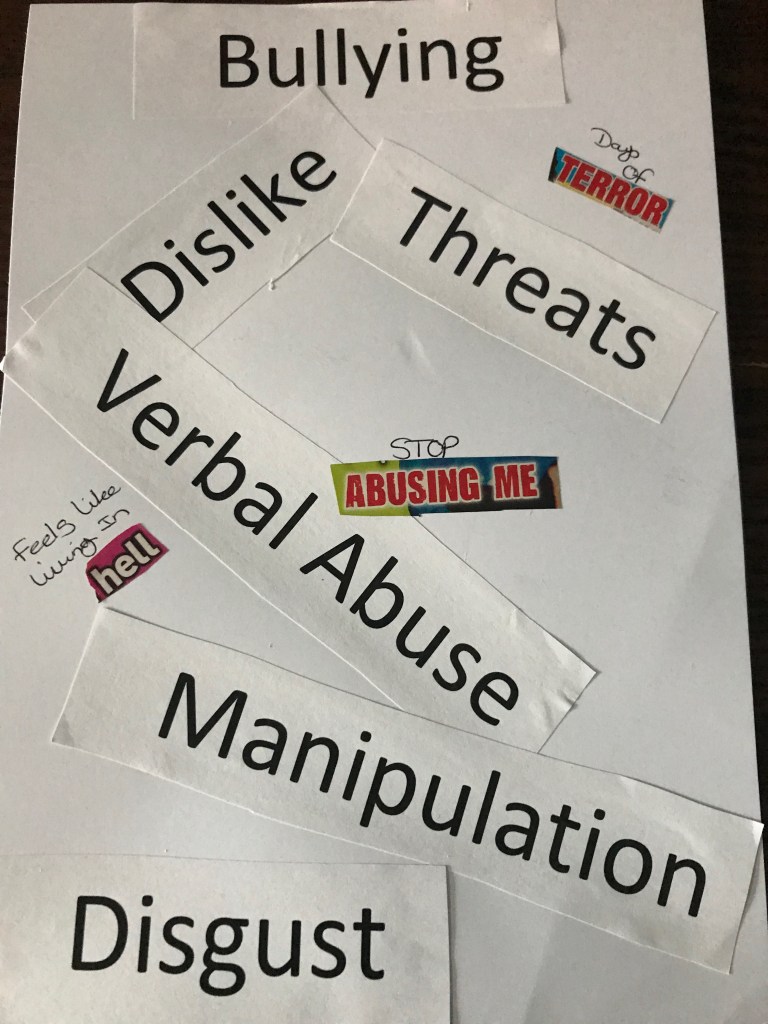 Amanda Depp: This page has the words bullying, dislike, threats, verbal abuse, manipulation and disgust running down the centre. Alongside these are magazine cut-outs and writing which says ‘days of terror,’ ‘feels like living in hell,’ and ‘stop abusing me’