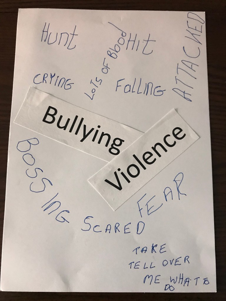Joyce: The top of the page has the words ‘hunt’ ‘crying’ ‘lots of blood’ ‘hit’ ‘falling’ and attacked.’ In the centre are the words ‘bullying’ and ‘violence’ Below this are the words ‘bossing scared, fear’ and ‘take over, tell me what to do’