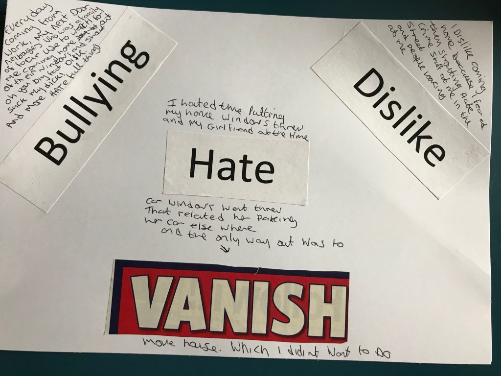 Beater: This mood board features a mix of writing and cut-out words. Moving from left to the right, it reads as follows: ‘unwanted, lonely, self-hate’. ‘upset, feel different’. ‘nervous’, ‘violence’, ‘manipulation’ ‘questioning why and who I am’ ‘invisible to people’ ‘anger;’ ‘makes you want to hide away’ ‘scared they will start again’ ‘it changes you and who you become’. ‘always looking over my shoulder’ ‘felt bad’ ;expecting the worst’ ‘disappointed’ ‘scared of losing my friends’ and ‘threats.’